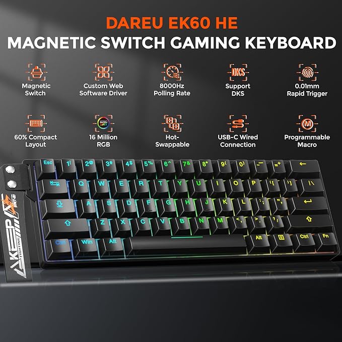 DAREU EK60 HE Rapid Trigger Gaming Keyboard Wired 0.01mm RT Accuracy Adjustable Hall Effect Magnetic Switch Hot Swappable SOCD 8000Hz Polling RGB Backlit 60% Compact Design for Laptop/PC