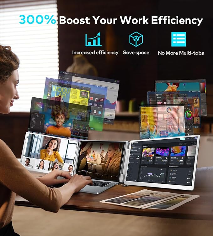 16 Laptop Screen Extender 1200P FHD Triple Portable Laptop Monitor Extender for 12-18.5 Laptops 16:10 Aspect Ratio Rotation Screen Compatible with MacOS Wins Chrome Surface