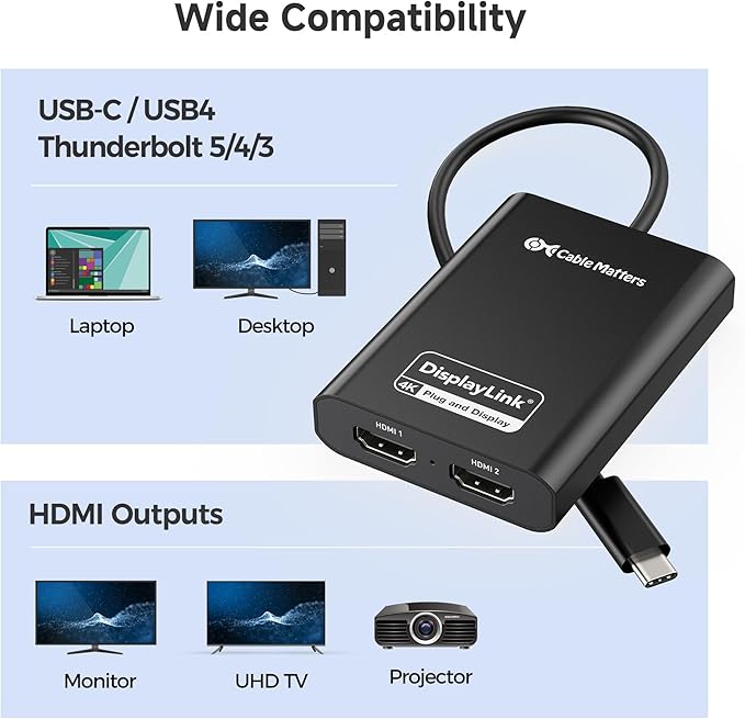 Cable Matters DisplayLink USB C to Dual HDMI Adapter Supports Dual 4K 60Hz on macOS &amp Windows USB C to HDMI Adapter for Two Extended Monitors on Mac M1/M2/M3/M4 Driver Required