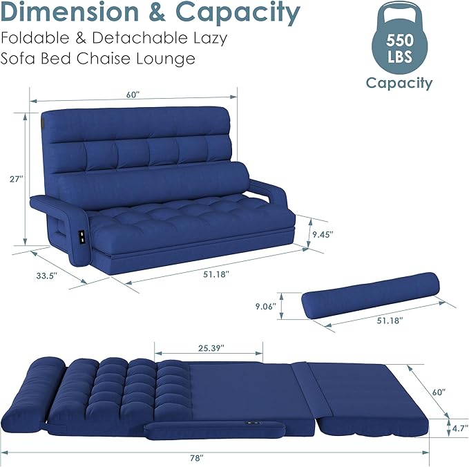 STHOUYN Comfy Bedroom Chair with 2 USB Charging Ports 5-Position Floor Couch Gaming Chairs for Adults Lounge Chair Indoor Folding Lazy Sofa Meditation Arm Dorm Chair Living Room (Navy Blue)