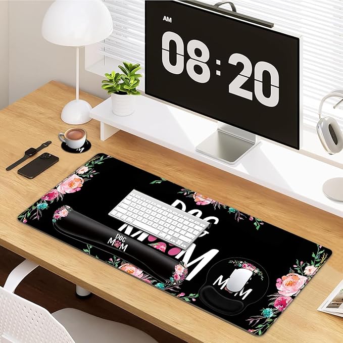 Large Mouse Pad Ergonomic Mouse Pad with Wrist Rest and Keyboard Wrist Rest 4 in 1 Set 31.5 x11.8 inch Extended Desk Pad for Home Office Cute Dog Mom Floral Pattern XXL Black Gaming Mouse Mat