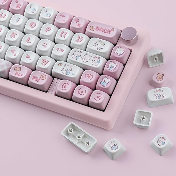 PBT Cute Kitty-cat Keycaps Set 140 Keys Dye-Sublimation MOA Profile Keycaps for Cherry Gateron MX Swithes Mechanical Keyboards
