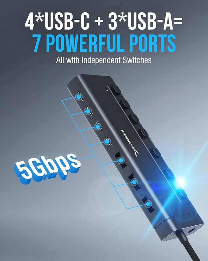 SABRENT 7-Port USB-C Hub with Power Switches 5Gbps USB 3.2 48W Powered Hub with 3 USB-A + 4 USB-C Ports 20W PD LED Status Aluminum Body – for Mac PC Steam Deck ROG Ally (HB-3A4C)