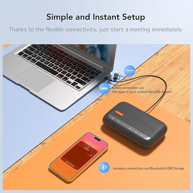 NUROUM A15 Conference Speaker and Microphone Portable Bluetooth Wireless Speakerphone 360° Noise Cancelling Voice Pickup Daisy Chian for Calls/Computer/PC/Laptop via Bluetooth/Dongle/USB-A/C Grey