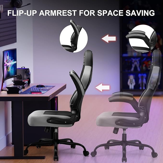 GTPLAYER Video Gaming Chair Ergonomic Computer Gaming Chair with Flip-Up Armrests and Adjustable Height Comfortable Desk Chairs with Built-in Lumbar Support Recliner with 360°Swivel (Dark Gray)