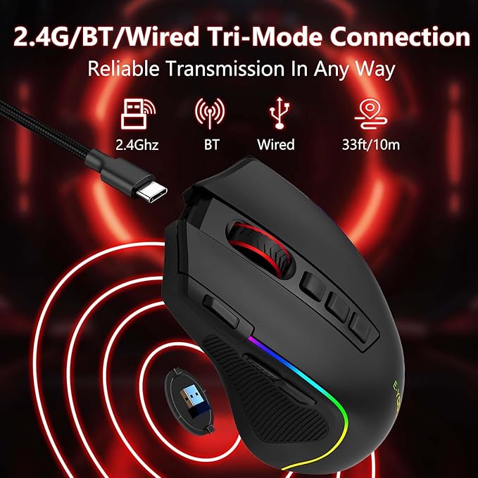 Premium Wireless Bluetooth Versatile Mouse8000 DPI6 RGB BacklitUSB C RechargeableErgonomic2.4G/BT/WiredRapid Fire Key75-Hour Power CapacityIdeal For Gaming/Office/Home/PC Computer/Laptop/Mac