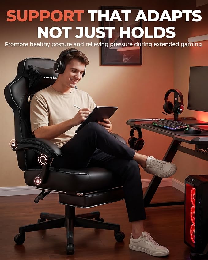 GTPLAYER Gaming Chair with Footrest Big and Tall Game Chair 350lb Racing Style Computer Chair Ergonomic Executive Office Chair High Back with Lumbar Support and Recliner Black