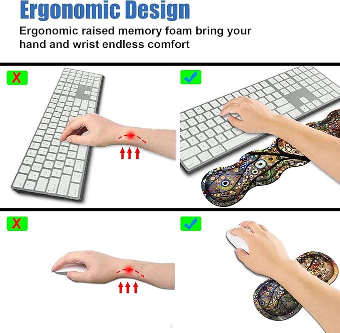 4 in 1 Ergonomic Memory Foam Mouse Pad Wrist Rest Set Large XXL Gaming Desk Pad + Keyboard Wrist Rest + Mouse Wrist Cushion + Coaster for Home Office Study Gaming Tree of Life