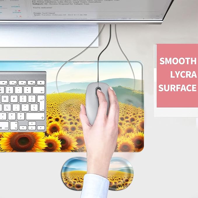 Mouse PadLarge Desk Mat Set 4in1 XL Mousepad + Keyboard Wrist Rest+Mouse Wrist Rest+Coaster with Ergonomic Desk Pad for Home Office Table Computer Cover -Sunflower Field and Mountain