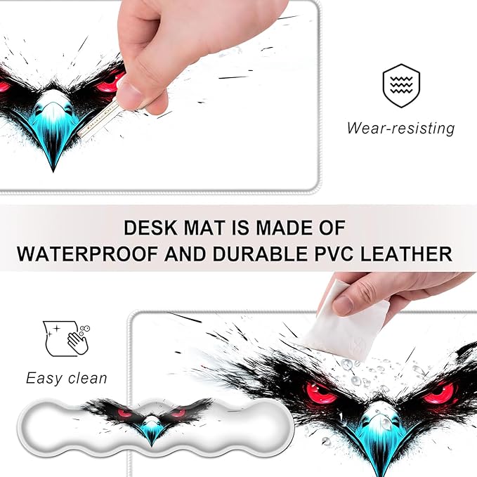 Mouse PadLarge Desk Mat Set 4in1 XL Mousepad + Keyboard Wrist Rest+Mouse Wrist Rest+Coaster with Ergonomic Desk Pad for Home Office Table Computer Cover -Eagle with Red Eyes