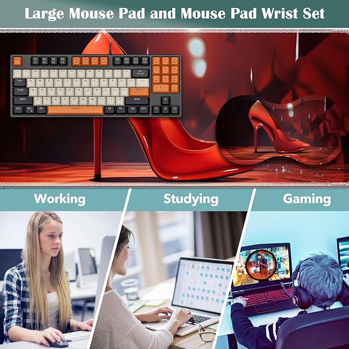 Large Game Mouse Pad + Wrist Support Pad + Coffee Coaster Desk Pad with Sewn Edges Anti-Slip Set pad Suitable for Office Work and Home - Red High Heels