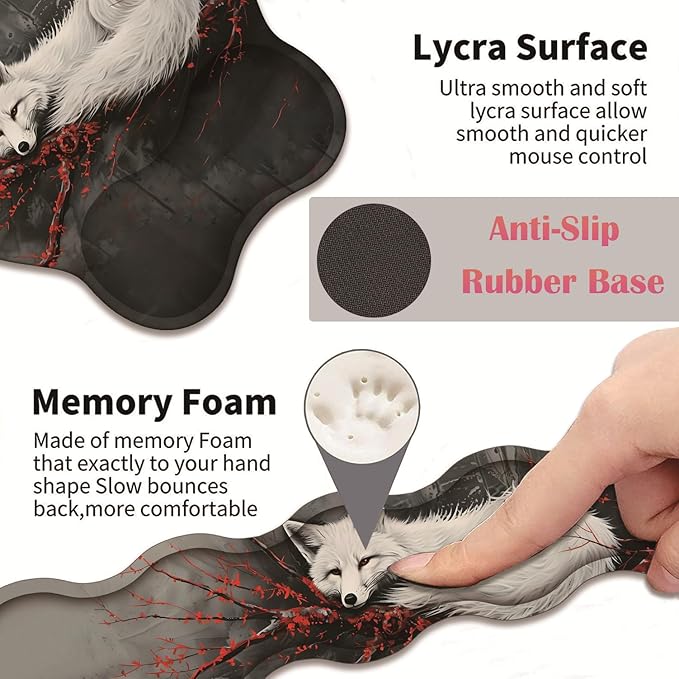 3 in 1 Keyboard Wrist Rest + Mouse Pad and Coaster Ergonomic Gel Mouse Pad and Keyboard Pad Set Comfortable Lightweight for Easy Typing Pain Relie Fox and Red Branch