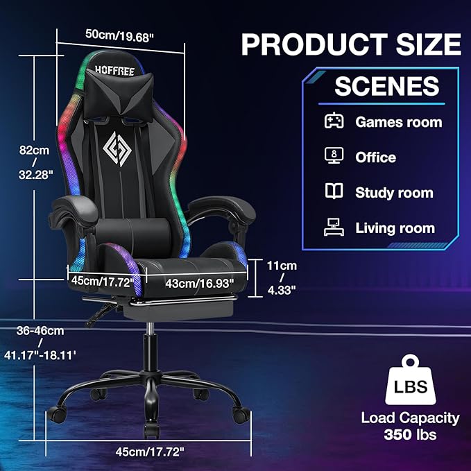 Gaming Chair with Bluetooth Speakers and LED RGB Lights Ergonomic Massage Computer Gaming Chair with Footrest High Back Music Video Game Chair with Lumbar Support Grey and Black