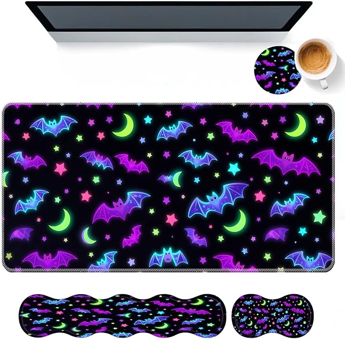 Keyboard Mouse Pad SetLarge Desk Pad+Keyboard Wrist Rest+Mouse Wrist Support+CoasterEasy Typing Pain Relief Non-Slip Wrist Support Mousepad Set Home OfficeGlowing Bats