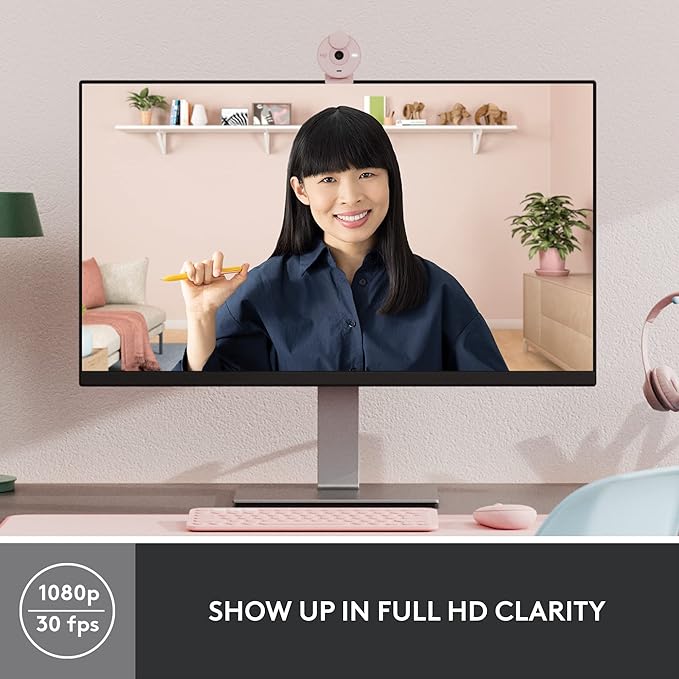 Logitech Brio 300 Full HD Webcam auto Light Correction Noise reducing mic Privacy Shutter USB-C Works with Microsoft Teams Google Meet Zoom for Streaming and Video Calling - Rose