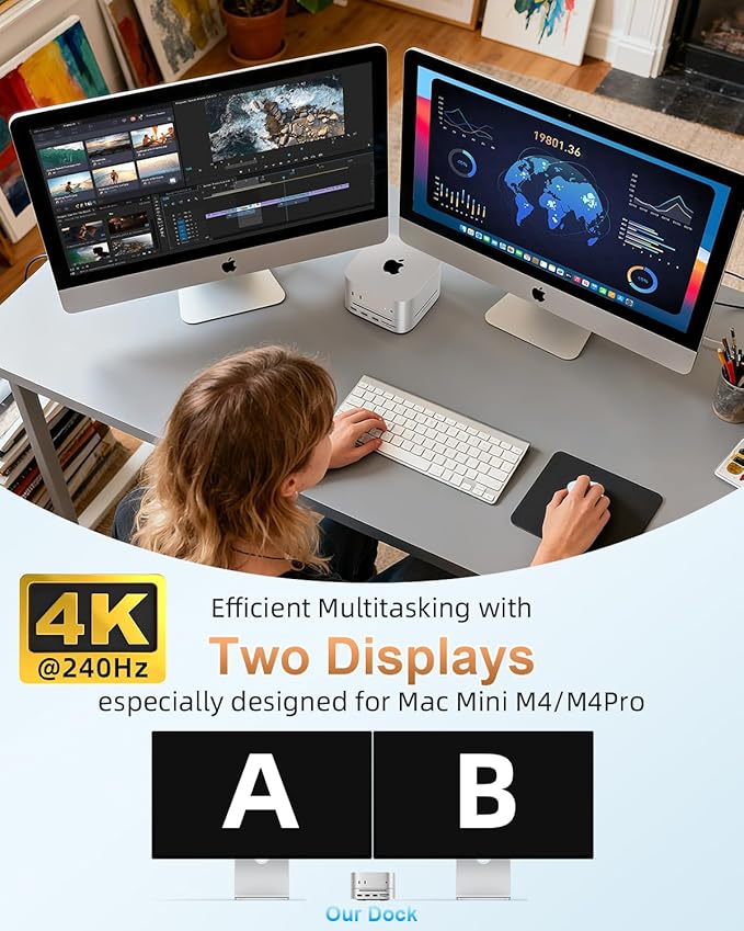 Mac mini M4 Dock &amp Stand DisplayPort 8K@120Hz Hub for Mac mini M4/M4 Pro 2024 with 8TB NVMe SSD Enclosure 10 in 1 with DP 5*USB-A/C 10Gbps Ports SD/TF Audio for Mac mini M4 Mac mini M4 Pro