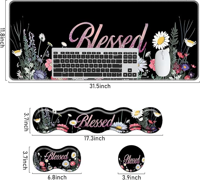 Keyboard Mouse Pad SetLarge Mouse Pad+Keyboard Wrist Rest+Wrist Support+Coaster31.5x11.8in Extended Desk Mat for Computer Laptop Office Home-Florid Blessed