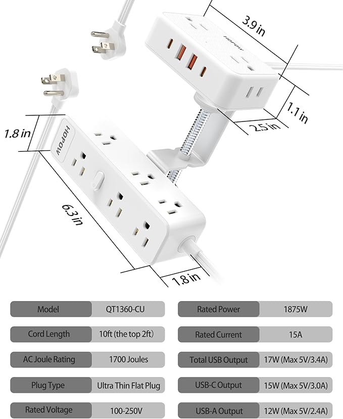 Dual Layer Desk Clamp Power Strip（White） Desktop Edge Mount Charging Station with 13 Outlets 4 USB Ports (2 USB C) Under Desk Surge Protector(1700 Joules) 10 Ft Extension Cord for Office