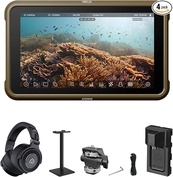 Atomos Ninja 5.2 4K HDMI Recording Monitor with Atomos StudioSonic Professional Over-Ear Headphones (Black) Headphone Stand &amp Swivel and Tilt Adjustable Monitor Mount (Cold Shoe Mount) Bundle Ki