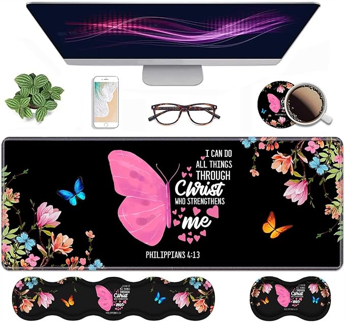 Ergonomic Keyboard Wrist Rest &amp Mouse Pad Wrist Rest SetFloral Butterfly Quote Bible Verse Philippians 4:13 Large Gaming Desk Mat 31.5x 11.8 with Memory FoamEasy Typing Pain Relief for Home Of