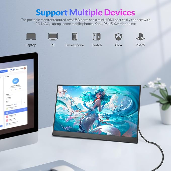 Rii Portable Monitor 16 Inch 144Hz QHD 2.5K 2560X1600 100% sRGB IPS HDR Computer Display with Adjustable Stand USB-C HDMI Gaming Screen for Laptop/PC/Phone/Mac/Xbox/Switch/PS4/PS5 VESA Mountable