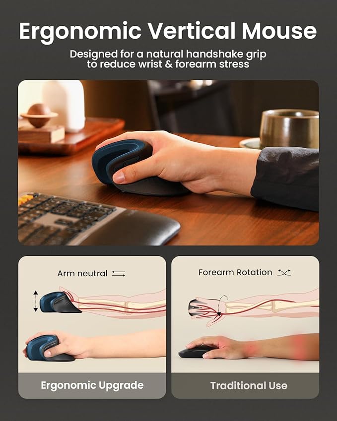 ProtoArc Ergonomic Mouse EM11 NL Bluetooth Rechargeable Wireless Vertical Mouse 3 Multi-Device Connectivity for Computer/PC/Laptop 2.4GHz USB-A Optical Mice for Windows Mac OS Blue