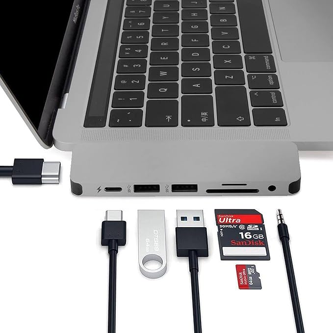HyperDrive USB-C Hub Adapter Sanho Solo 7-in-1 Type C Dongle for MacBook Pro PC w USB-C Port: USBC 60W Power Delivery USBC 5Gbps Data 4K HDMI microSD/SD Card Reader 2xUSB 3.0 Audio Jack - Grey