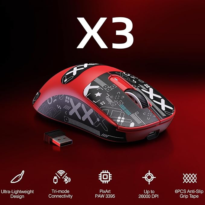 ATTACK SHARK X3 Wireless Gaming Mouse 49g Bluetooth/2.4G/USB-C Ergonomic Computer Mouse PAW3395 26K DPI Sensor 200h Battery Life Programmable Buttons Griptape Gaming Accessories for PC/Laptop/Mac