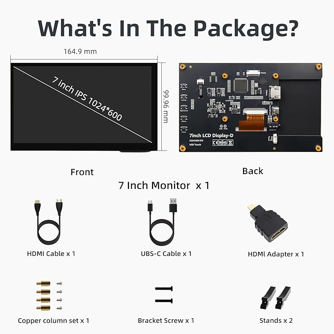 7 Inch IPS LCD Touch Screen Display 1024×600 HDMI Capacitive Mini Small Monitor for Raspberry Pi 5/4/3/2/B/B+ BB Black Win 11/10/8/7