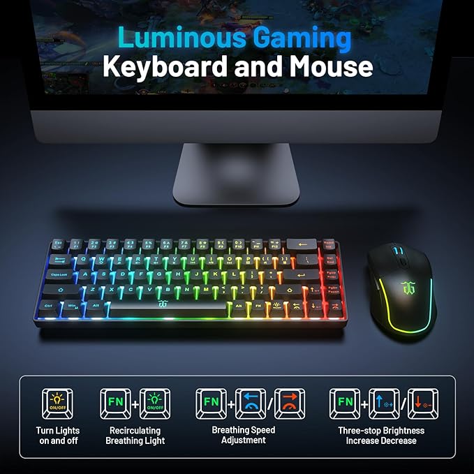 Snpurdiri 60% Wireless Gaming Keyboard and Mouse ComboLED Backlit Rechargeable 2000mAh BatterySmall Membrane But Mechanical Feel Keyboard + Popular RGB Mice for GamingBusiness Office