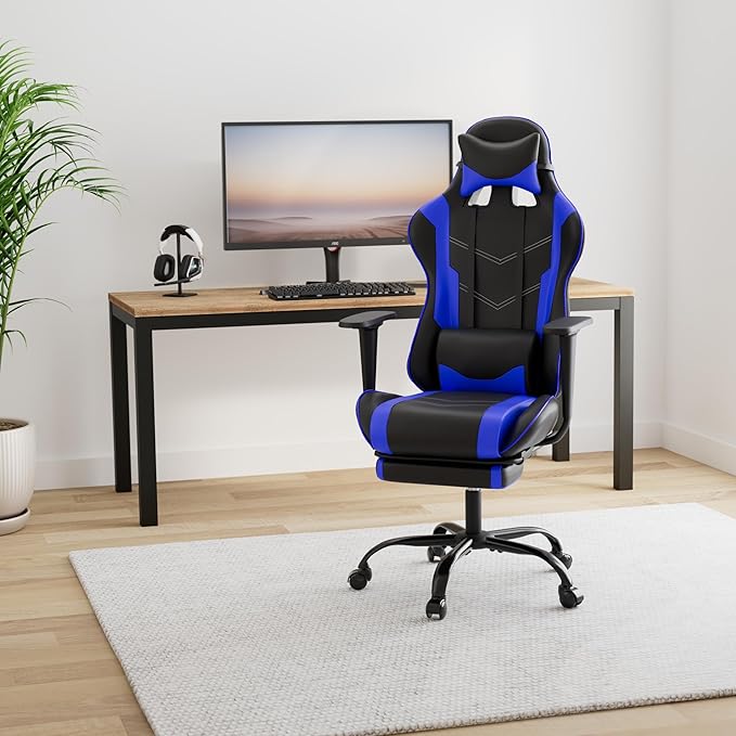 PC Computer Lumbar Support HeadrestHigh Back Racing Office Video Gaming Rolling Swivel Task Chair for Kids or AdultsBlue