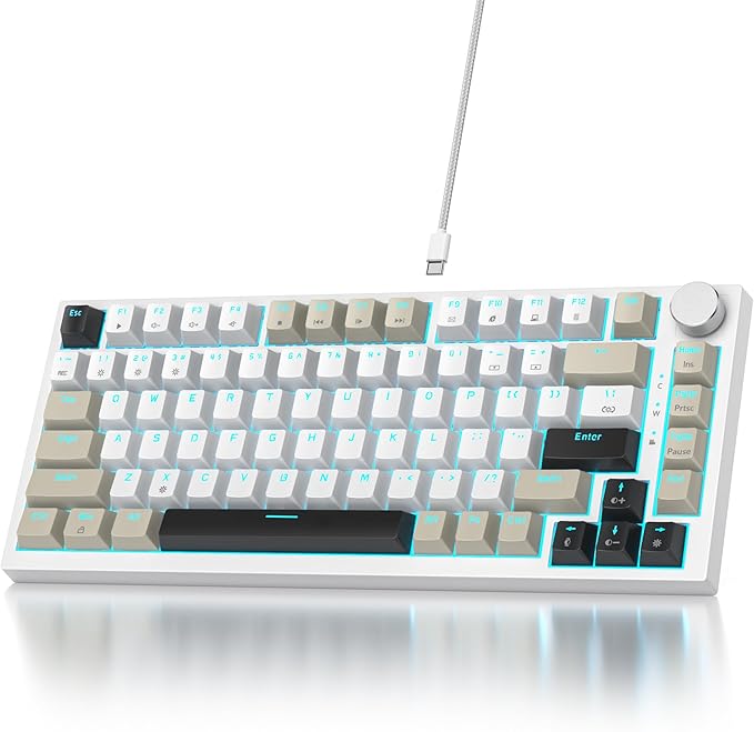 75% Wired Creamy Keyboard Hot Swappable Mechanical Gaming Keyboard with Gasket Mounted RGB Backlit Red Switch Knob Control for Win Pc Laptop(82Grey)