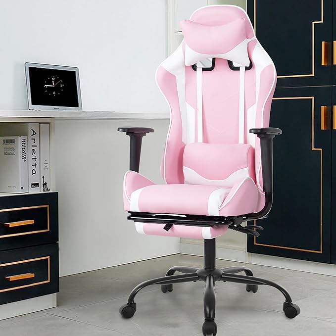 High Back PU Leather Gaming Chair with Headrest &amp Lumbar Support Height Adjustable Wide Seat for Adults with Footrest &amp Armrest