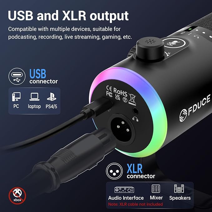 FDUCE USB/XLR Gaming Microphone kit Dynamic PC Mic for Podcasting Streaming Computer RGB Mic Kit with Boom Arm Stand Mute Button and Headphone Jack for Recording Vocal Voice-Over (D30+)