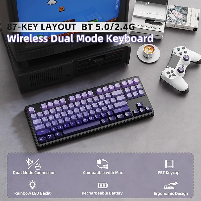 ZIYOU LANG M87 75% Wireless Gaming Keyboard Mechanical Feel Silent Rainbow Backlit Bluetooth/2.4Ghz PBT Gradient Keycaps Rechargeable 4000mAH Battery Ergonomic for MAC/Win/PC-Purple
