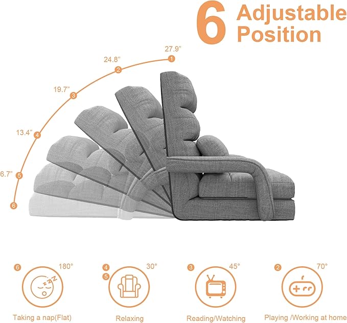 Floor Gaming Chair with 6 Adjustable Position Foldable Lazy Sofa Chair with Armrest for Adult Comfy Chaise Lounge Indoor Breathable Floor Bed Sleeper for Bedroom Yoga Dorm