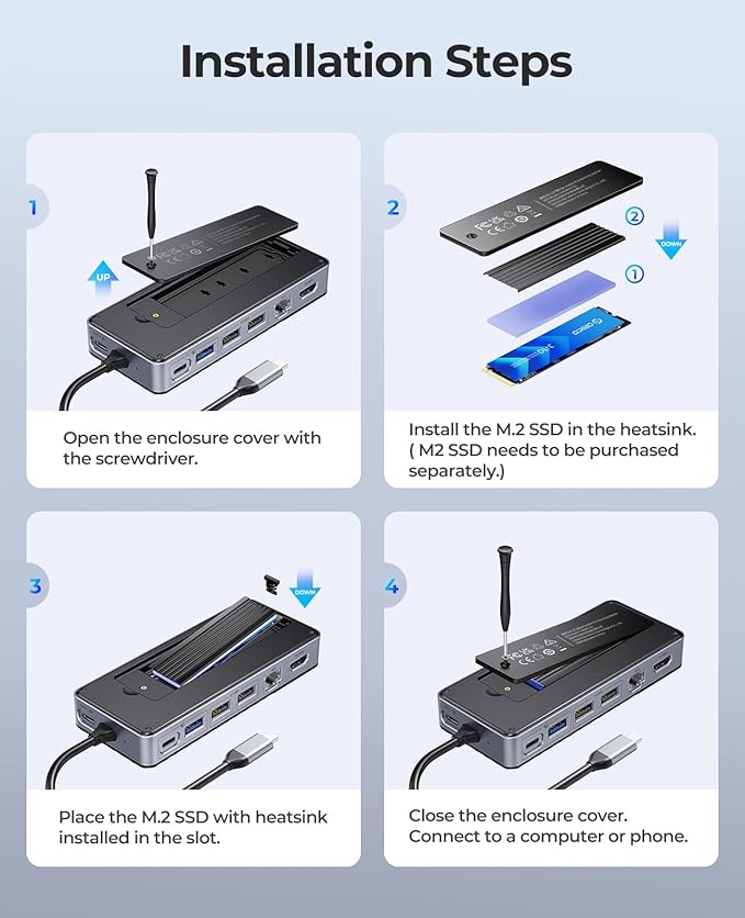 ORICO USB-C Hub with M.2 SSD Enclosure 8-in-1 USB C Docking Station Fits M.2 NVMe/SATA SSD 10Gbps 4K@60Hz HDMI 100W PD Ethernet - OM28PR