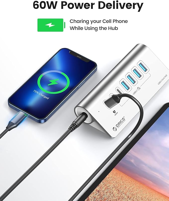 ORICO 7 Port USB Hub 10Gbps Aluminum USB 3.2 Gen 2 Hub 6 USB 3.2 Data Ports 1 PD 60W Ports 24V 3A Power Adapter 3.28Ft A to C Cable USB Data Hub for Laptop