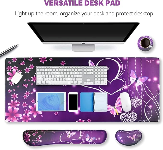 ARTSO Large Gaming Mouse Pad Keyboard Wrist Rest Pad &amp Wrist Support Mousepad Set Stitched Edge Extended Non-Slip Base Memory Foam Desk Mat for Office Home Purple Heart Butterfly