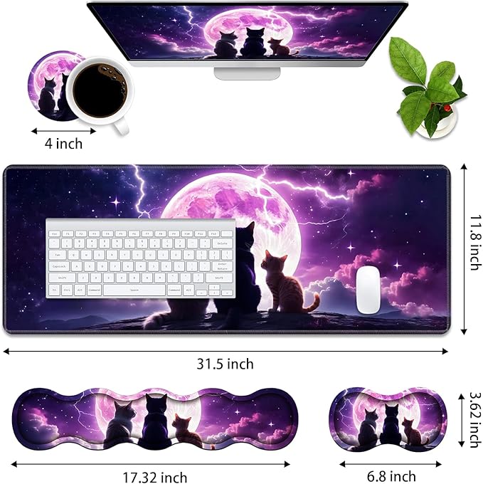 4 in 1 Ergonomic Memory Foam Mouse Pad Wrist Rest Set Large XXL Gaming Desk Pad + Keyboard Wrist Rest + Mouse Wrist Cushion + Coaster for Home Office Study Gaming Cats Under The Moon