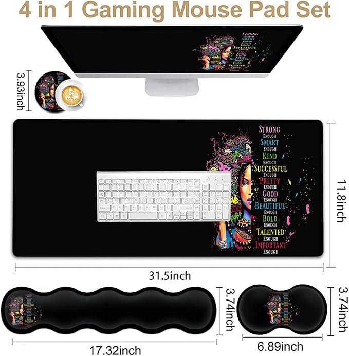 Extended Large Mouse Pad+Keyboard Wrist Rest Support  Ergonomic Memory Foam Wrist Rest 4Pcs (31.5×11.8 in) Desk Pad Set for Home Office Anime African American Woman XXL Gaming Black Mouse Pad