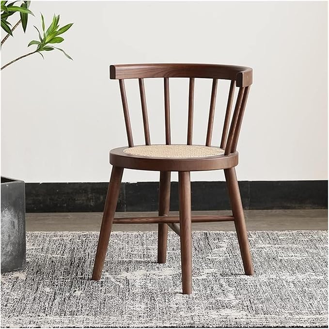 Adjustable Office Computer Chair with Armrest Solid Wood Chair Home Dining Chairs Balcony Leisure Single Back Chairs Rattan Chair(Walnut Color)