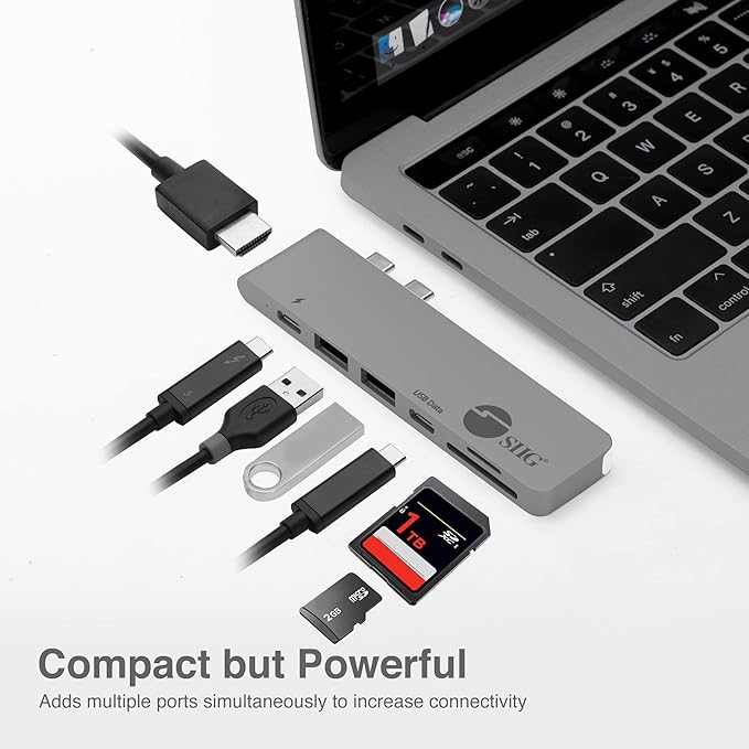 SIIG Thunderbolt 3 Aluminum USB Type C Hub with 4K @30Hz HDMI SD/Micro SD Card Reader 2 USB 3.1 Gen 1 Ports PD Port for 2016/2017 MacBook 13 &amp 15 - Space Gray