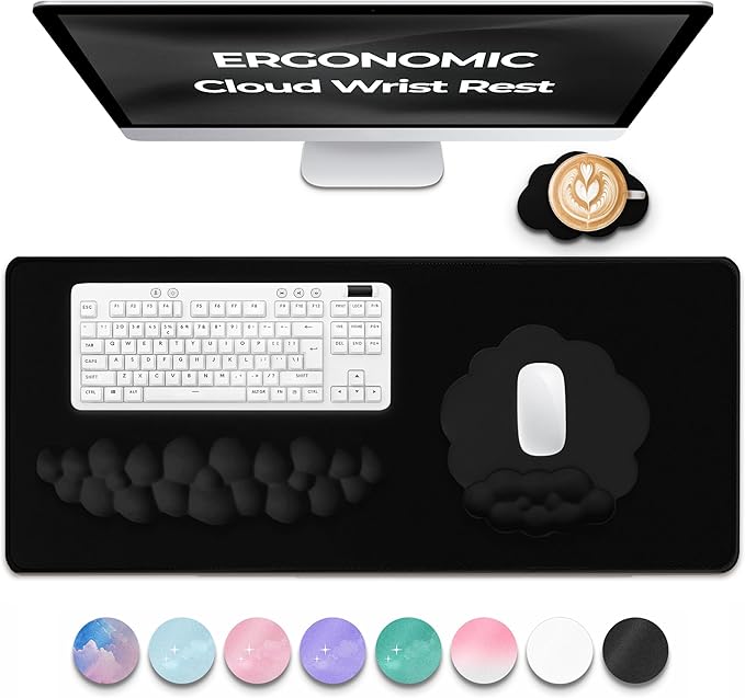 Premium Quality Cloud Wrist Rest Keyboard &amp Mouse Pad Set – Ergonomic Memory Foam Desk Accessories with Wrist Support for Office &amp Gaming – Black Fabric
