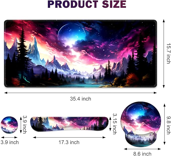 Gaming Mouse Pad Large Desk Mat Cute Desk Pad Protector 4in1 XXL Mousepad + Keyboard Wrist Rest+Mouse Wrist Rest+Coaster Set with Ergonomic Desk Pad for Home Office Table Computer Purple Hill