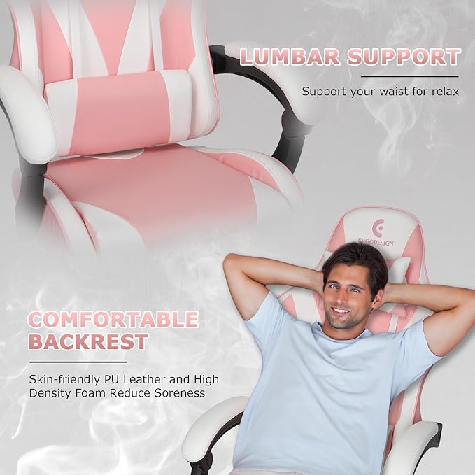 Gaming Chair with Linkage Armrest &amp Footrest High Back Video Gaming Chair Pink/White