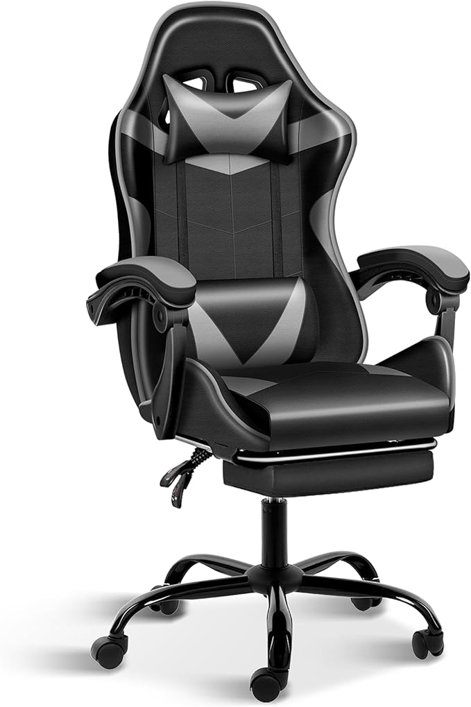 Gaming Chair Ergonomic Computer Chair with Footrest and Lumbar Support Height Adjustable Office Chair with 360° Swivel Seat and Headrest (Black &amp Grey)