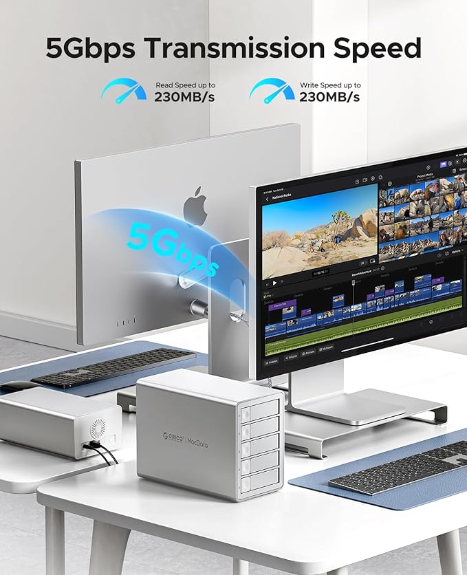ORICO 5-Bay RAID External Hard Drive Enclosure for 2.5/3.5 Inch SATA HDD/SSD up to 5X 22TB USB3.0 Type-A Hard Drive Docking Station Supports RAID 0/1/3/5/10/JBOD/Clone/ClearMode -9958RU3