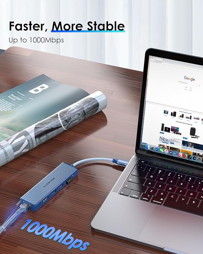 LENTION USB C Hub with 1000M Gigabit Ethernet Adapter 4K HDMI Display 3xUSB-A 3.0 Ports for MacBook Pro/Air/Neo Dell Lenovo HP Laptops and More Stable Driver Certified (C25 Blue)