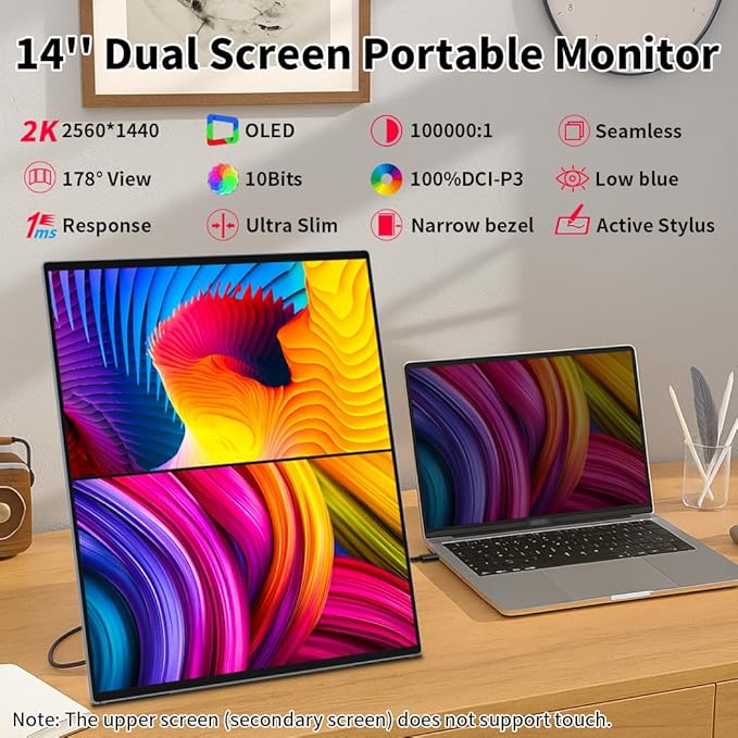 Dual Monitor 14 Inch 2K OLEDPortable Touch Monitor for Laptop Extender| 2K |100% DCI P3|Plug-Play|Stand- VESA| |Slim-Frameless| Computer Triple Display Laptop PC Windows Mac